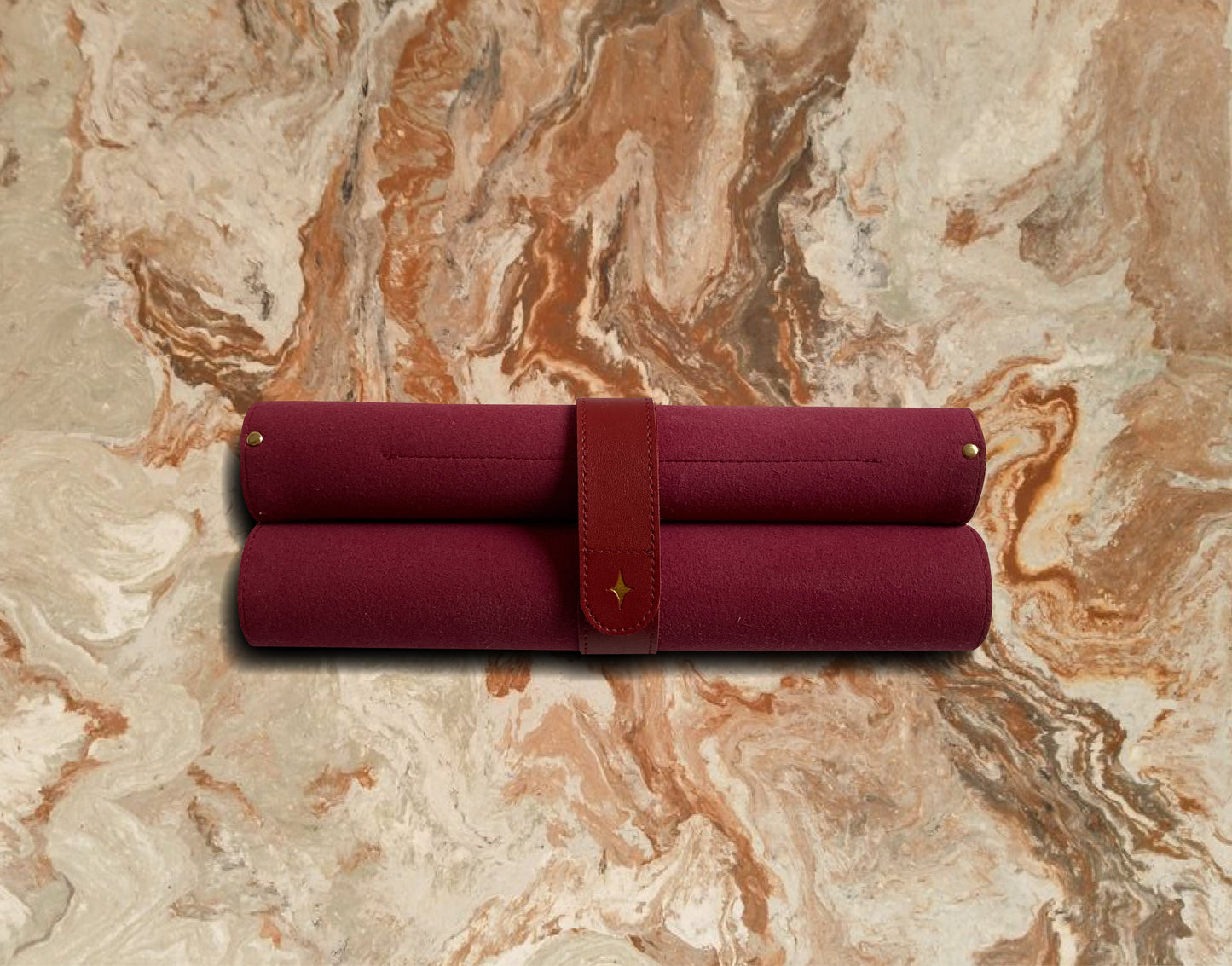 Red leather chess set rolled up on a marble surface. gift for men, husband and boyfriends