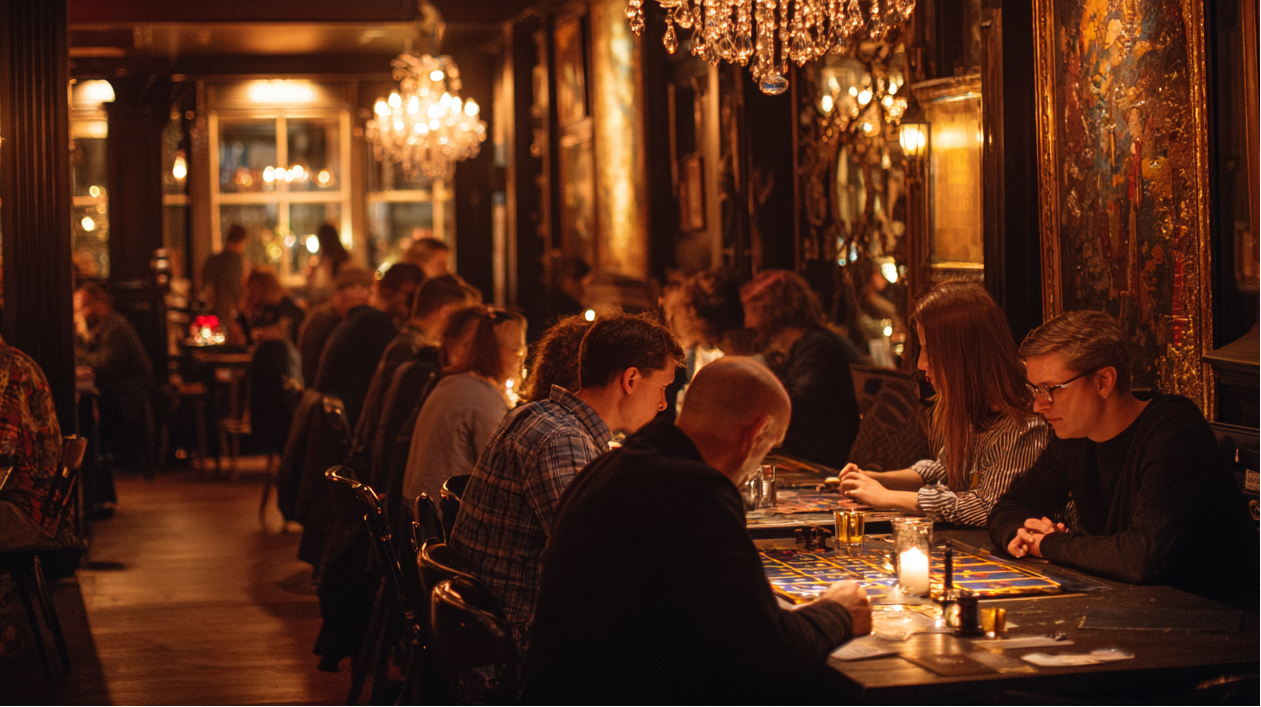 Dining area with people seated at tables, dimly lit by chandeliers.