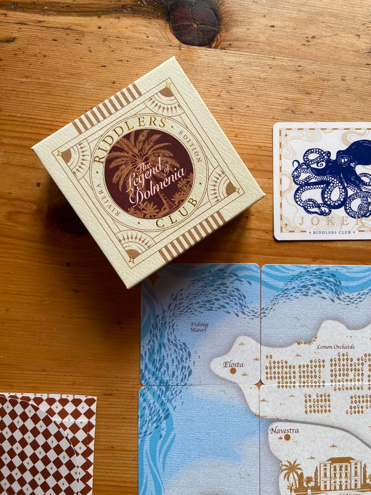 Pocket-size jigsaw with map design on a wooden surface, riddle jigsaw